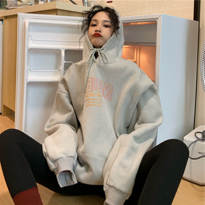 大码小个子150秋冬宽松bf慵懒原宿风学生洋气加厚外套连帽卫衣女