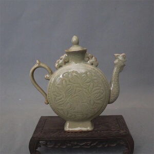 宋耀州窑青瓷牡丹凤鸣壶扁酒壶 古董古玩 仿古瓷器 复古摆件雅玩