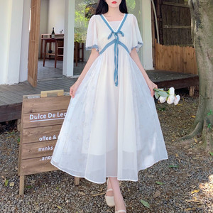 大码女装中国风汉元素森系裙子夏季汉服改良超仙女大摆白色连衣裙