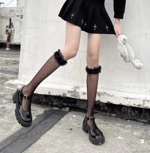 夜间教习室白色丝袜女jk圆点蕾丝花边夏季薄款小腿袜黑色瘦腿镂空