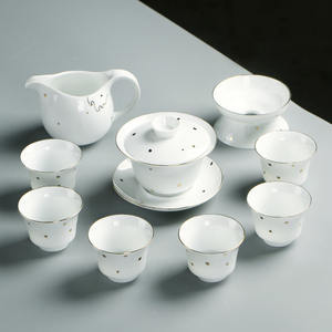 景德镇白瓷点金功夫茶具套装中式家用简约6人茶杯茶壶盖碗泡茶器