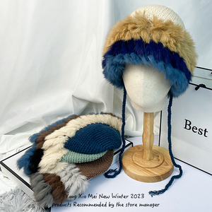秋冬季兔毛毛线帽子女韩版甜美拼接毛绒针织帽女士护耳保暖包头帽