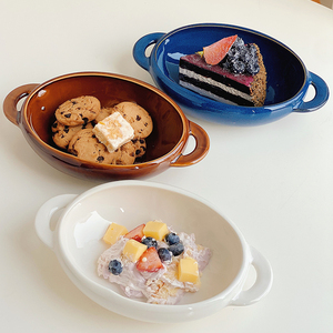 外贸尾货出口原单日式ins陶瓷双耳碗甜品沙拉碗焗饭碗零食冰淇淋