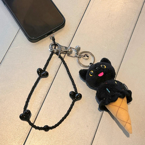 韩国潮牌可爱小黑猫冰激淋钥匙扣彩色冰激凌包包挂件毛绒玩偶挂饰