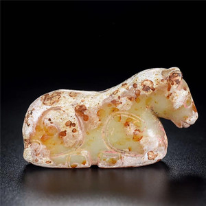 精品古玩唐代和田玉卧马摆件古玉和田玉吉祥马把件老玉瑞兽马玉石