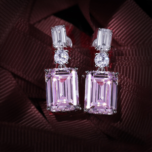 全新宝石几何设计款仿真925纯银莫桑钻粉色冰糖钻石耳环女式耳饰