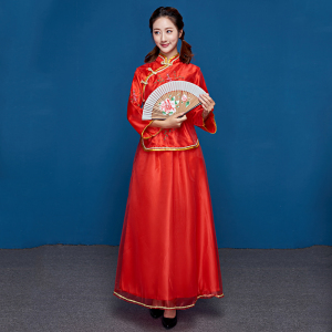 中式伴娘服结婚礼女姐妹团长款红色礼服民国风五四古筝表演出服装