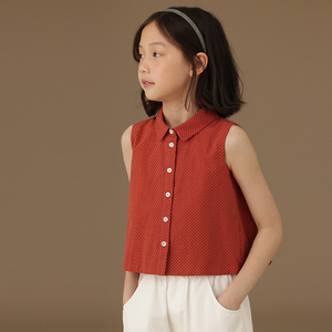 哈齿童装红色圆点新中式女童衬衫百搭洋气可爱儿童背心夏季薄款棉