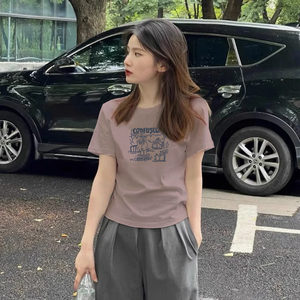 专柜商场撤回新款爆款夏季韩国女装正肩紫色短袖T恤显瘦纯棉上衣