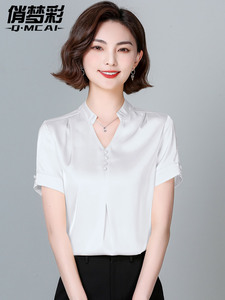 2024年夏季新款V领职业白色丝绸衬衫女士大码设计感小众短袖上衣