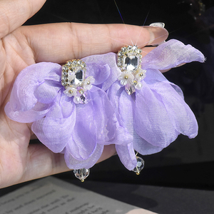 春夏紫色蕾丝蝴蝶结流苏耳环个性时尚花朵耳坠日韩气质长款耳饰女