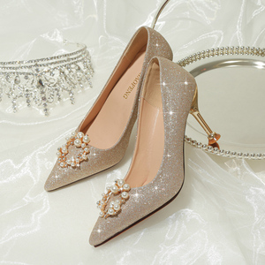 法式婚鞋女主婚纱金银色尖头水晶高跟伴娘礼服鞋不累脚大码41-43