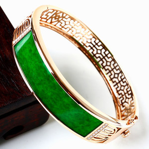 包邮正品天然满绿k金镶玉18k金镶玉手镯贵妃镯a货女款金镯玉镯子