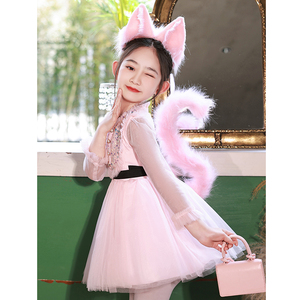 圣诞节儿童cosplay粉色猫咪狐狸演出服装女童生日派对装扮公主裙