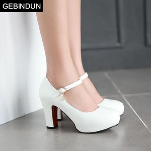 GEBINDU春季单鞋高跟鞋粗跟白色女式鞋子圆头走秀鞋韩版小皮鞋大
