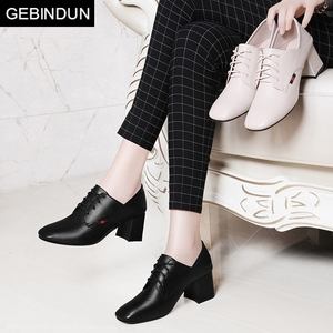 GEBINDU女士皮鞋2024年新款春秋款时尚粗跟春天白色高跟鞋子韩版