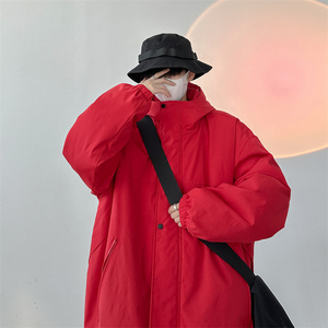 国潮oversize大红色冲锋衣棉服男款冬季美式工装机能风本命年外套