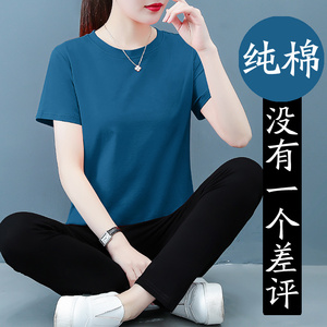 品牌纯棉运动服套装女士夏季2024新款中年妈妈休闲跑步短袖两件套