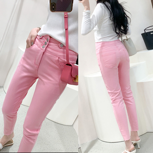 粉色高腰铅笔裤女