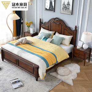 新欧美式乡村复古做旧床头雕花柱子双人主卧室高箱储物橡全实木床