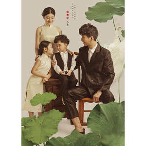 旗袍款拍照一家4口亲子装母女旗袍全家福民国风摄影影楼服饰服装