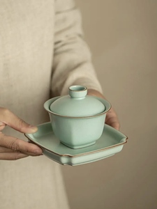 天青色汝窑茶具汝窑三才盖碗单个泡茶碗开片可养功夫茶具陶瓷家用