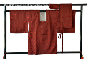 日本传统和服外套 暗红竖縞菱纹格子二部式和装道行三件套 可干洗