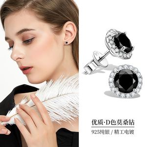 欧美时尚流行黑色莫桑钻石耳钉精致高级感s925纯银耳饰品