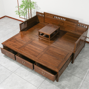 老榆木胡桃色中式实木推拉罗汉床沙发新中式折叠沙发床两用储物