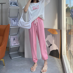 粉色小个子运动裤女夏季薄款宽松显瘦百搭韩版休闲裤子哈伦卫裤