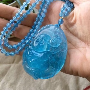 晶樱天然海蓝宝童子佛吊坠 海水蓝色 水润通透 雕工精 聚财