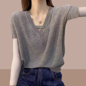 设计感法式冰丝针织衫女2024夏装新款时尚洋气小衫气质短袖上衣潮