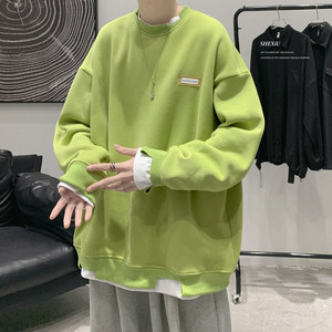 不规则假两件荧光绿圆领卫衣男潮宽松港风情侣cityboy开叉打底衫