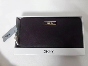 DKNY 唐可娜儿 老款十字纹深棕色牛皮拉链长款手拿包 手机包 钱包