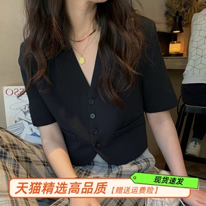 黑色高级感短袖西装外套女夏薄款港味复古chic炸街小西服短款上衣