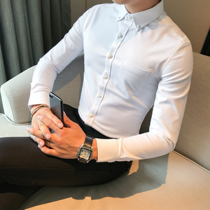 韩版商务休闲衬衫男修身扣领冬季加厚配西装打领带衬衣新郎纯棉潮