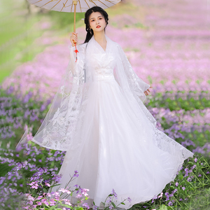 白色汉服女夏款中国风改良连衣裙古装齐腰广袖流仙裙古风夏季套装