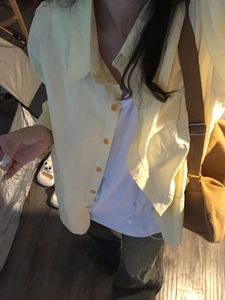 法式茶歇黄色衬衫女小众韩版宽松bf慵懒风纯色长袖外套衬衣潮ins