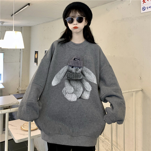 实拍2021新款ZW卓娃卫衣时尚卡通兔子拼接韩版套头圆领女上衣外套