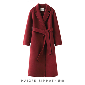 【新年红系列】秋冬100%山羊绒大衣毛呢外套女红色系带中长款上衣