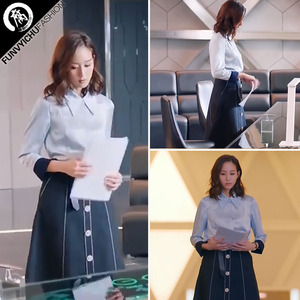 温暖的弦张钧宁明星同款蓝色ol职业上衣韩版衬衫藏蓝色半裙a字裙