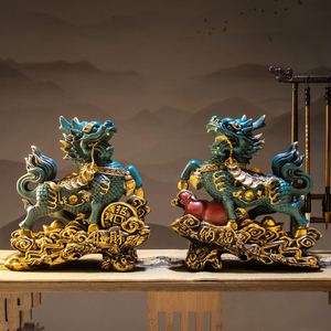 麒麟木雕摆件麒麟摆件镇宅风水招财聚财一对卧室新中式家居客厅玄
