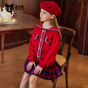 思贝秀新年衣服女童毛衣套裙2024春装女大童儿童红色两件套年装