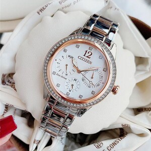 代购正品西铁城citizen 时尚水晶镶钻精钢光动能女手表fd2016-51a