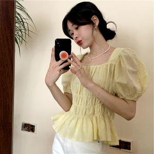 贵族褶皱荷叶边小衫女2021年夏方领泡泡袖露背甜美衬衣高端