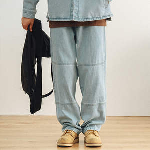 714street宽松直筒牛仔裤日系个性水洗褪色新款拼接纯色休闲长裤