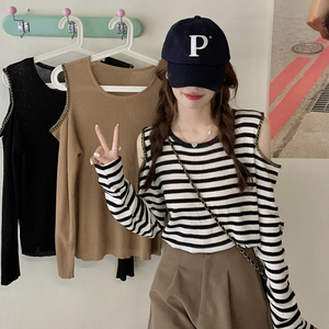 icechan女装工作室长袖t恤露肩链条条纹针织衫于晶晶同款刘璇直播