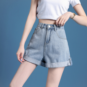 高腰牛仔短裤女夏薄款2022新款浅色宽松阔腿a字学生卷边ins热裤潮