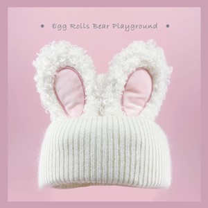 可爱兔子耳朵毛绒少女心兔毛网格帽保暖毛线帽子针织（H158）
