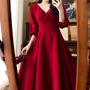 大码女装法式v领七分袖红色连衣裙夏春胖MM收腰显瘦中长款小礼服